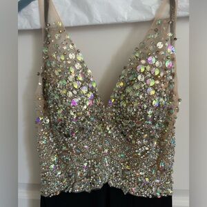 JVN Jovani long Dress with sequin nude top and black bottom with slit up leg